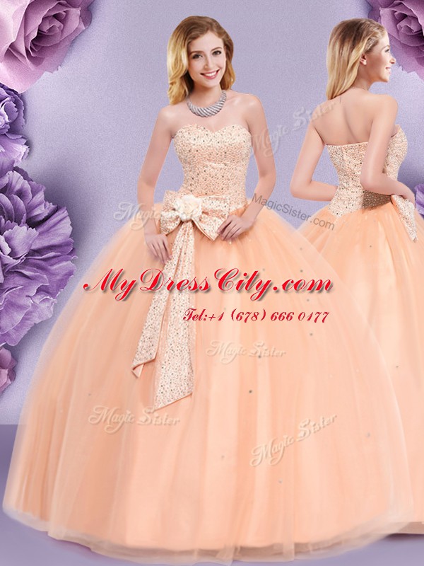 Super Sleeveless Tulle Floor Length Zipper Vestidos de Quinceanera in Peach with Beading and Bowknot