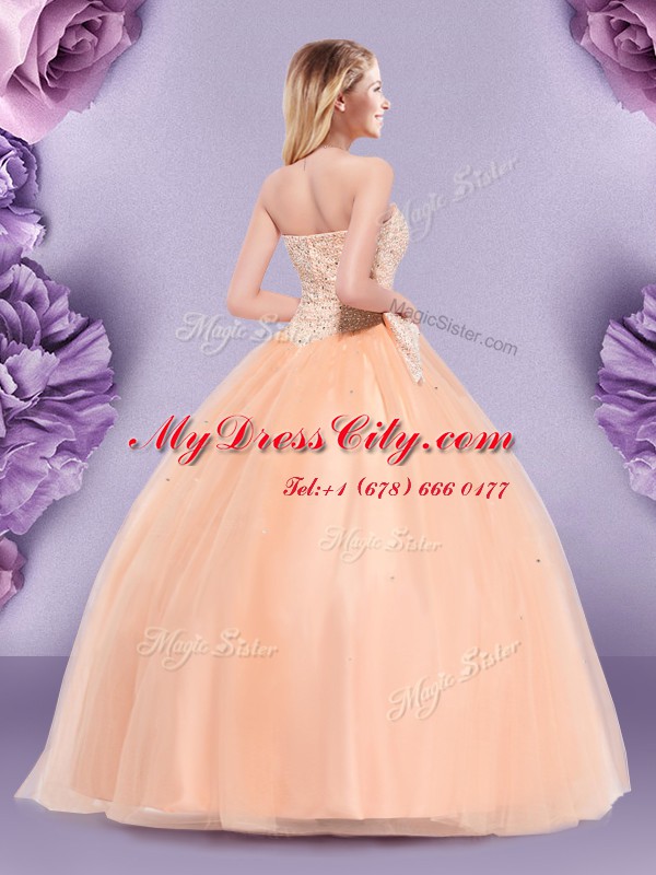 Super Sleeveless Tulle Floor Length Zipper Vestidos de Quinceanera in Peach with Beading and Bowknot