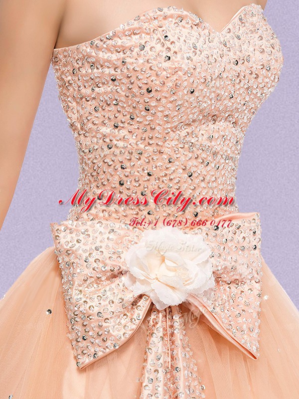 Super Sleeveless Tulle Floor Length Zipper Vestidos de Quinceanera in Peach with Beading and Bowknot