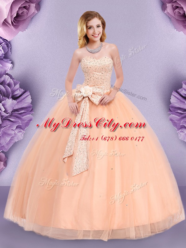 Super Sleeveless Tulle Floor Length Zipper Vestidos de Quinceanera in Peach with Beading and Bowknot