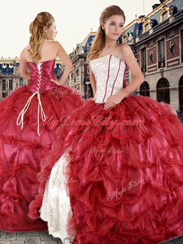 Inexpensive Tulle Strapless Sleeveless Lace Up Beading and Pick Ups 15 Quinceanera Dress in Red