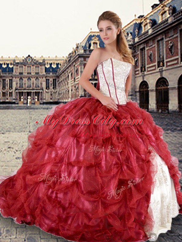 Inexpensive Tulle Strapless Sleeveless Lace Up Beading and Pick Ups 15 Quinceanera Dress in Red