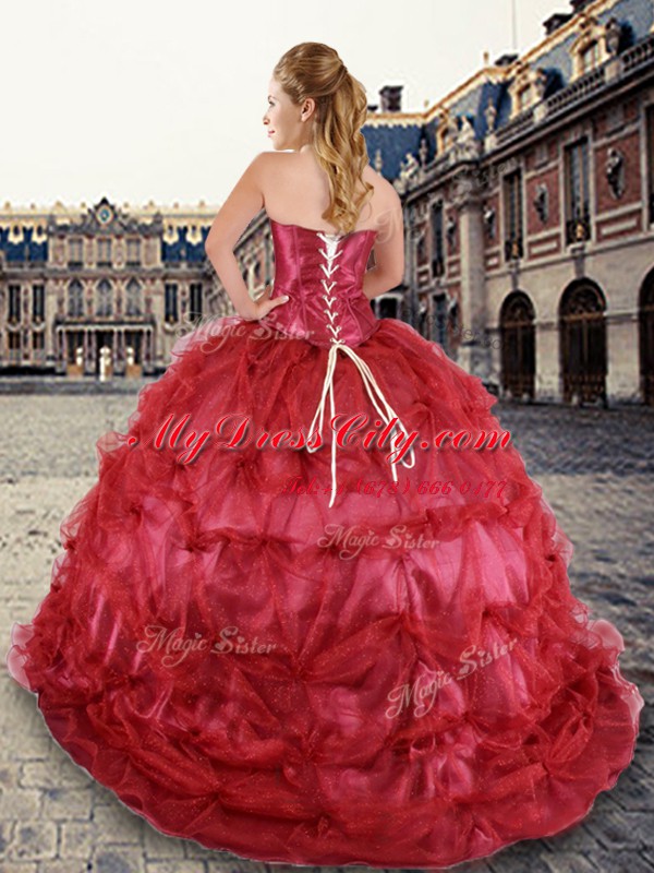 Inexpensive Tulle Strapless Sleeveless Lace Up Beading and Pick Ups 15 Quinceanera Dress in Red