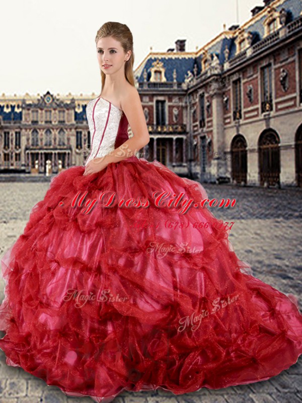 Inexpensive Tulle Strapless Sleeveless Lace Up Beading and Pick Ups 15 Quinceanera Dress in Red