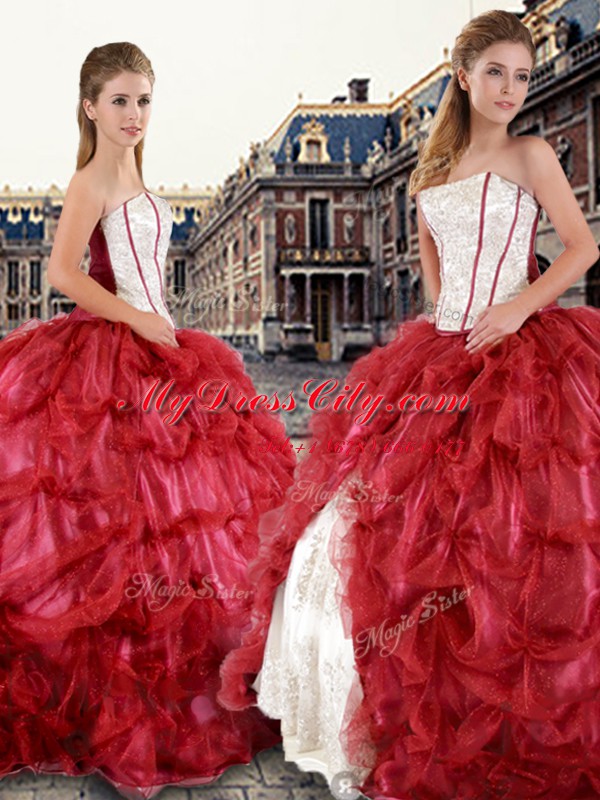 Inexpensive Tulle Strapless Sleeveless Lace Up Beading and Pick Ups 15 Quinceanera Dress in Red