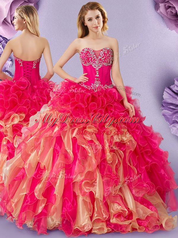 Multi-color Sleeveless Floor Length Beading and Ruffles Lace Up Quinceanera Dresses