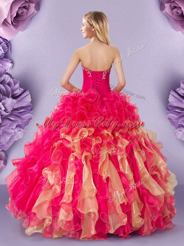 Multi-color Sleeveless Floor Length Beading and Ruffles Lace Up Quinceanera Dresses