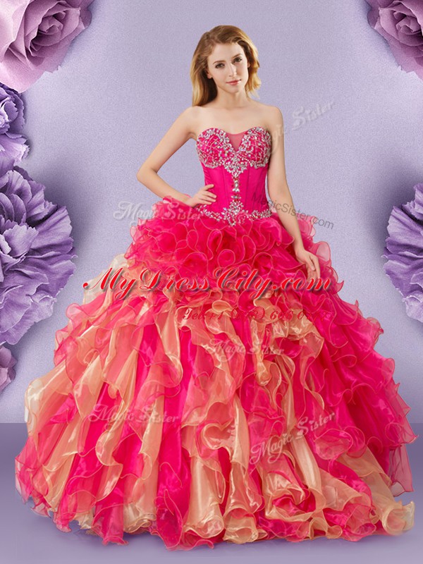 Multi-color Sleeveless Floor Length Beading and Ruffles Lace Up Quinceanera Dresses