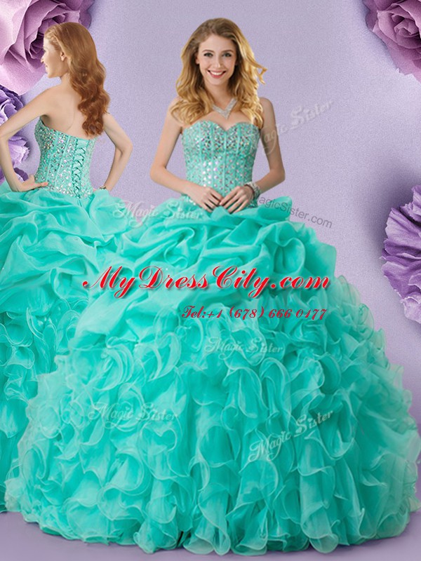 Gorgeous Pick Ups Floor Length Turquoise Sweet 16 Dress Sweetheart Sleeveless Lace Up