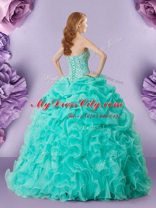 Gorgeous Pick Ups Floor Length Turquoise Sweet 16 Dress Sweetheart Sleeveless Lace Up