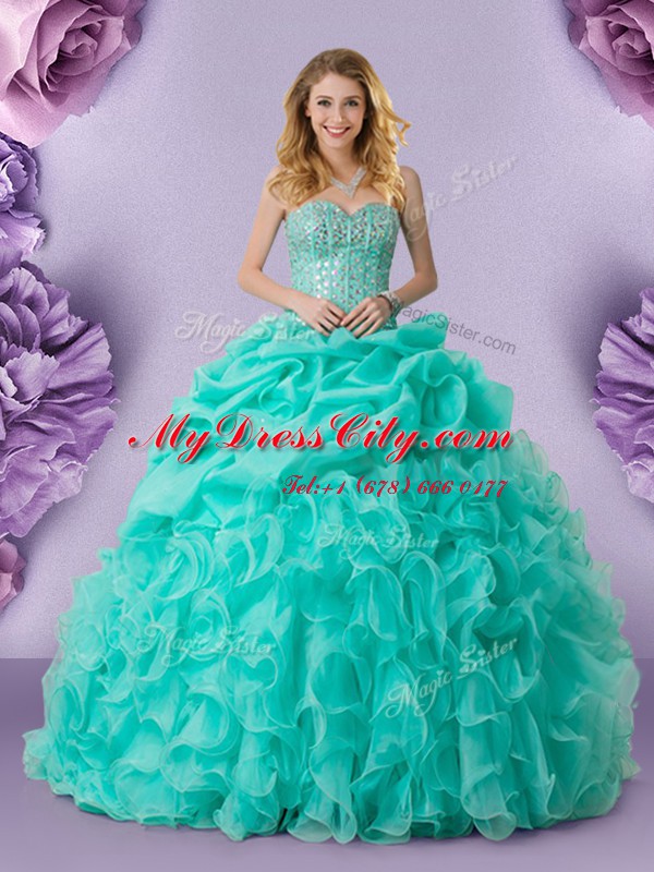 Gorgeous Pick Ups Floor Length Turquoise Sweet 16 Dress Sweetheart Sleeveless Lace Up