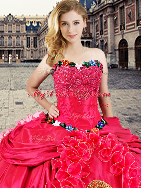 Coral Red Quince Ball Gowns Military Ball and Sweet 16 and Quinceanera and For with Beading and Appliques and Ruffles Sweetheart Sleeveless Lace Up