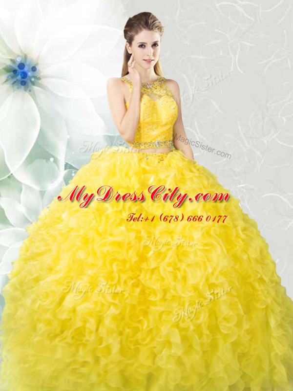 Noble Yellow Scoop Neckline Beading and Ruffles Sweet 16 Dress Sleeveless Zipper