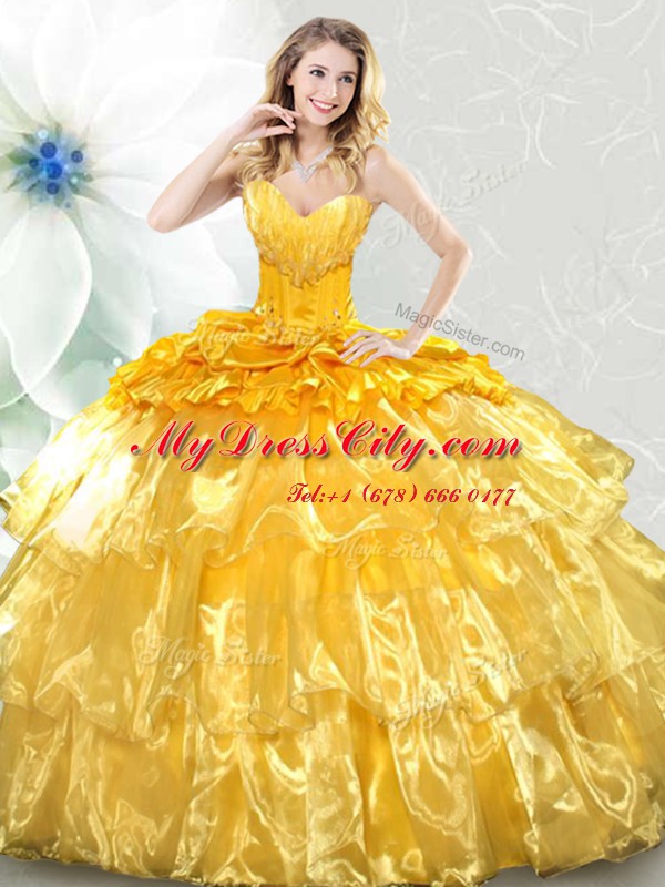 Classical Gold Organza Lace Up Sweetheart Sleeveless Sweet 16 Dresses Ruffled Layers and Sequins