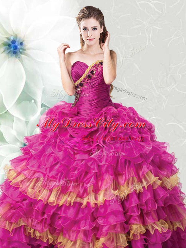 Glorious Fuchsia Ball Gowns Organza Sweetheart Sleeveless Ruffles and Ruffled Layers Floor Length Lace Up Quinceanera Gowns