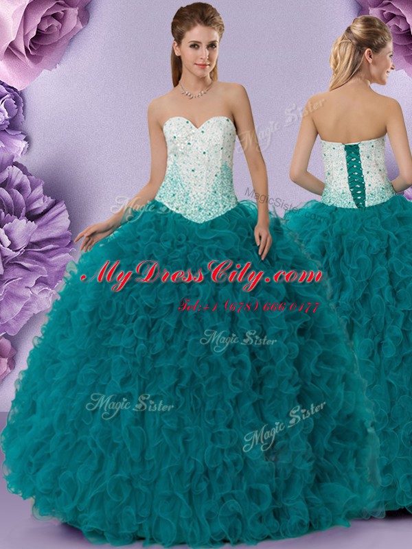 Lovely Teal Sweetheart Lace Up Beading and Ruffles Ball Gown Prom Dress Sleeveless