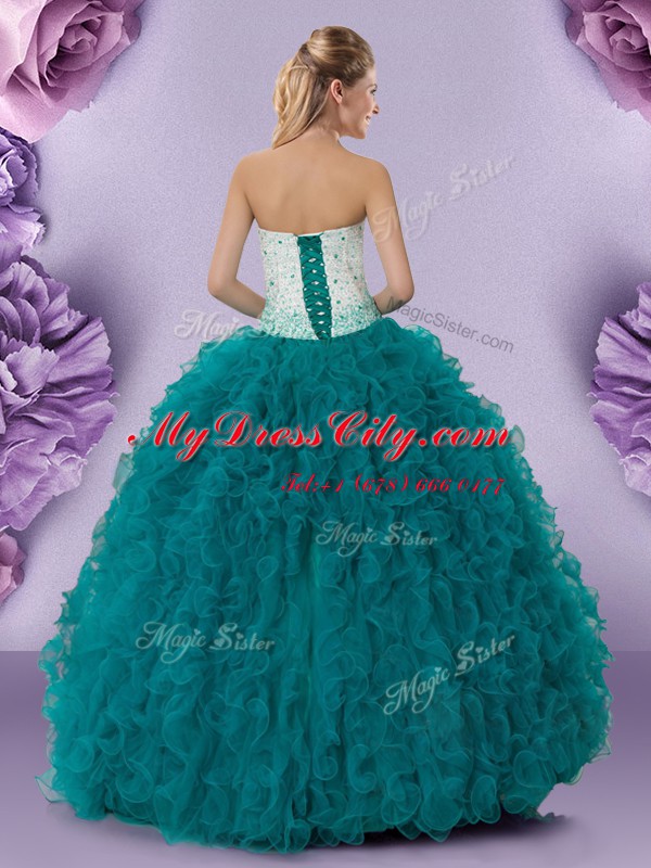 Lovely Teal Sweetheart Lace Up Beading and Ruffles Ball Gown Prom Dress Sleeveless