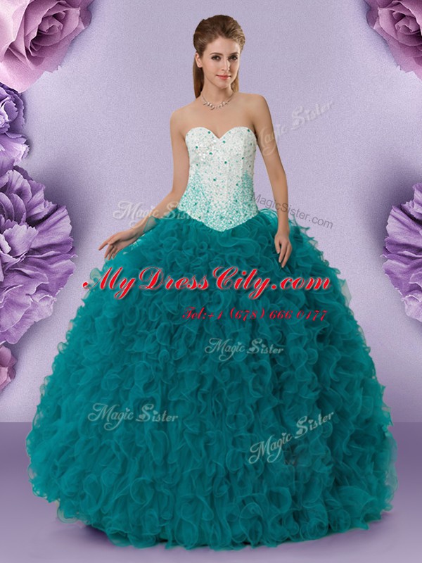 Lovely Teal Sweetheart Lace Up Beading and Ruffles Ball Gown Prom Dress Sleeveless