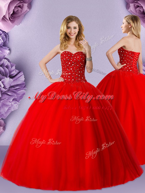 Modern Beading Quinceanera Dress Red Lace Up Sleeveless Floor Length