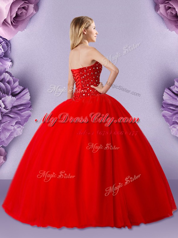 Modern Beading Quinceanera Dress Red Lace Up Sleeveless Floor Length