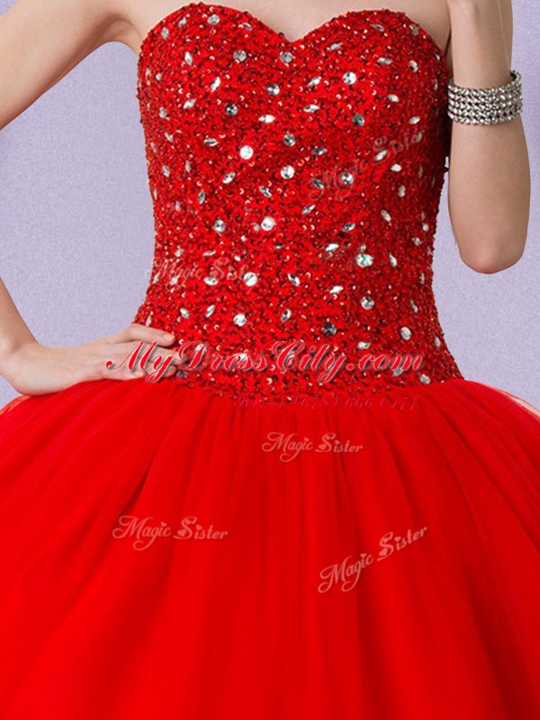 Modern Beading Quinceanera Dress Red Lace Up Sleeveless Floor Length