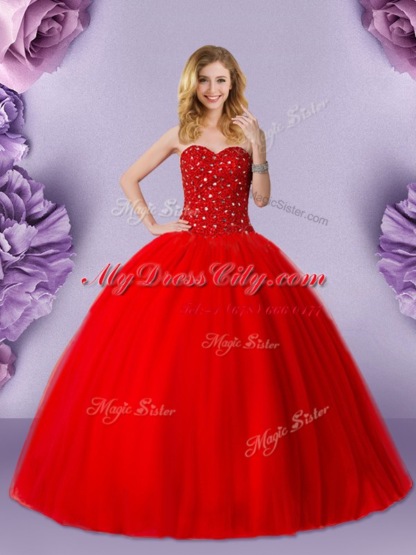 Modern Beading Quinceanera Dress Red Lace Up Sleeveless Floor Length