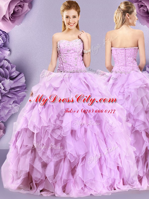 Customized Lilac Ball Gowns Beading and Ruffles Sweet 16 Quinceanera Dress Zipper Tulle Sleeveless Floor Length