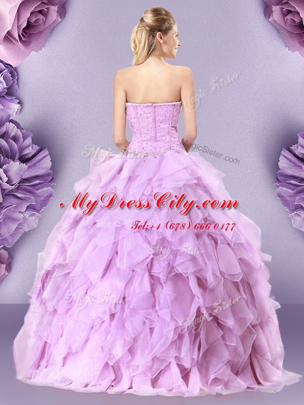 Customized Lilac Ball Gowns Beading and Ruffles Sweet 16 Quinceanera Dress Zipper Tulle Sleeveless Floor Length