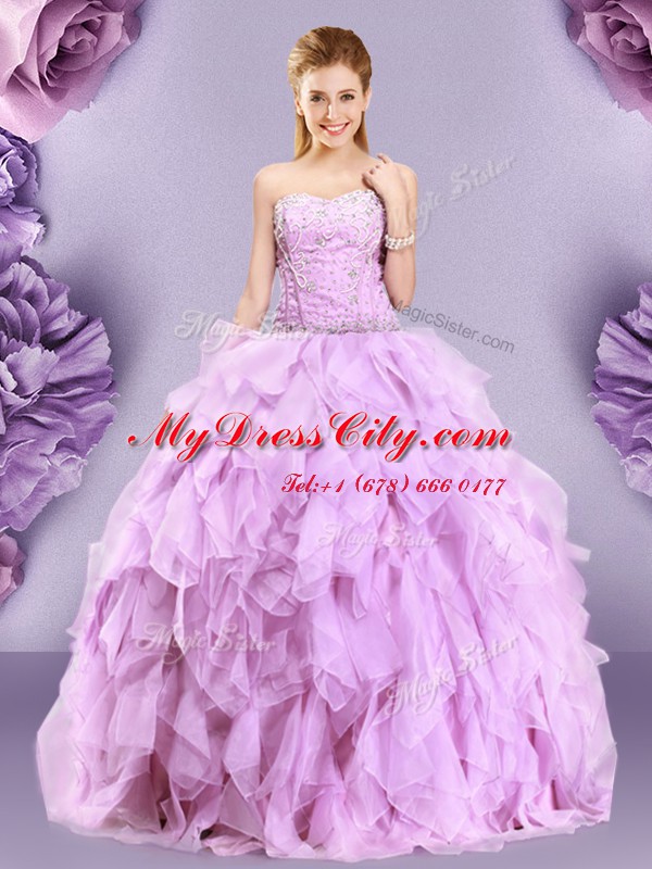 Customized Lilac Ball Gowns Beading and Ruffles Sweet 16 Quinceanera Dress Zipper Tulle Sleeveless Floor Length