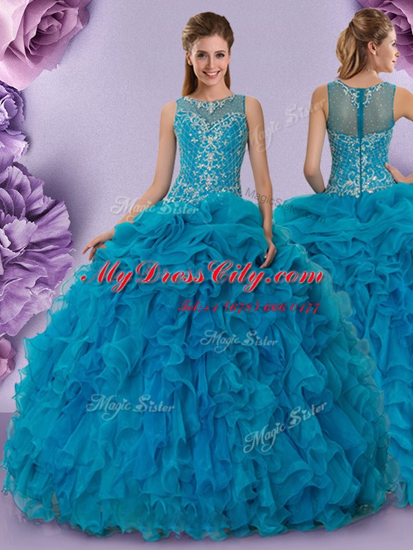 Extravagant Scoop Teal Sleeveless Floor Length Beading and Ruffles Zipper Sweet 16 Quinceanera Dress