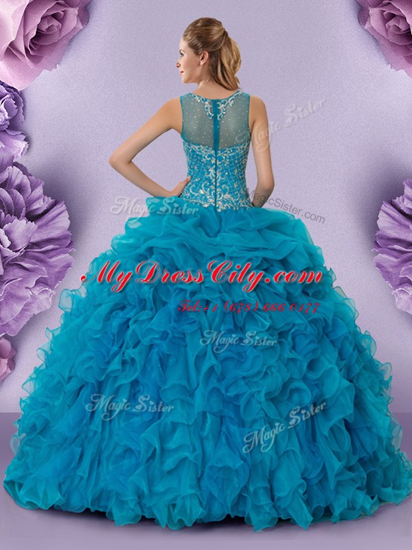 Extravagant Scoop Teal Sleeveless Floor Length Beading and Ruffles Zipper Sweet 16 Quinceanera Dress