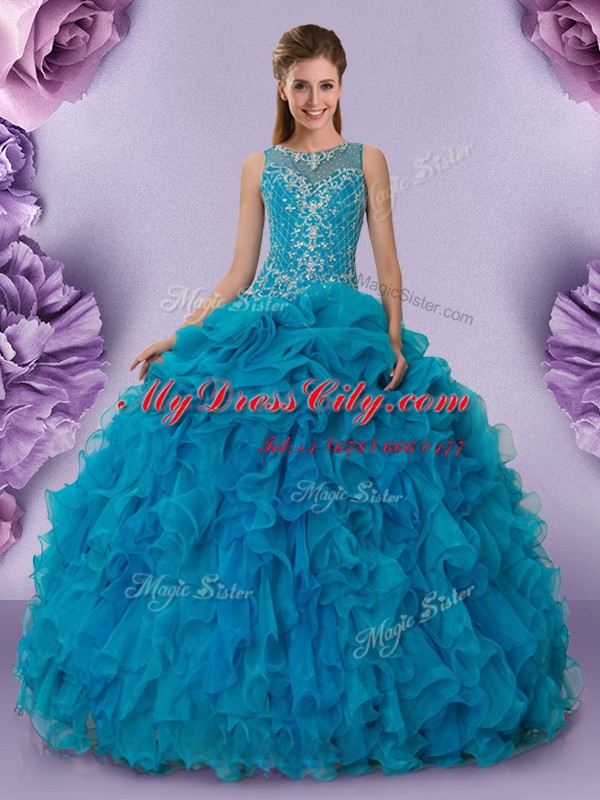 Extravagant Scoop Teal Sleeveless Floor Length Beading and Ruffles Zipper Sweet 16 Quinceanera Dress