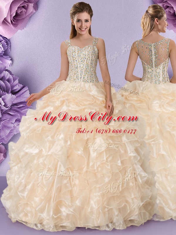 Straps Champagne Sleeveless Floor Length Beading and Ruffles Zipper Vestidos de Quinceanera