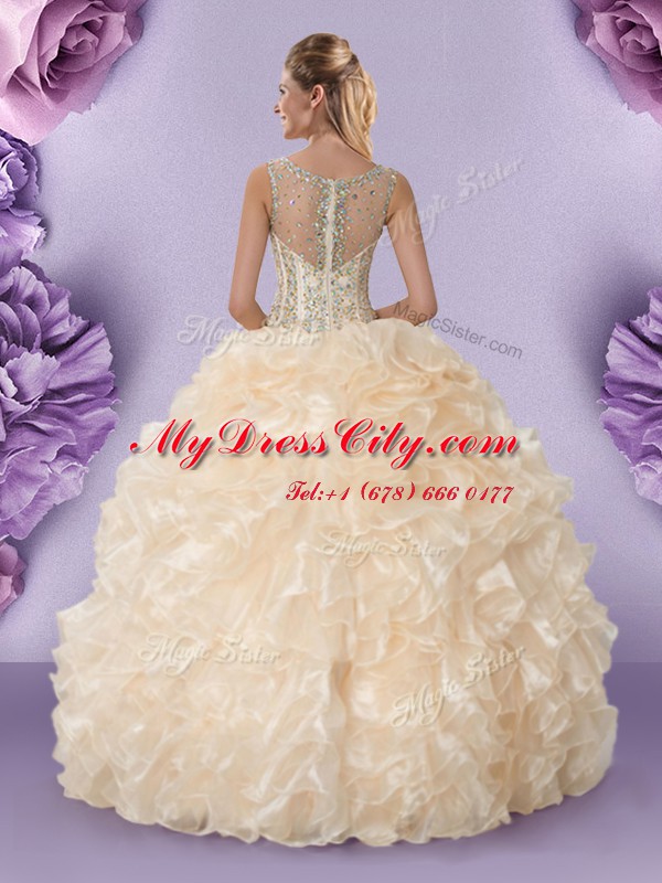 Straps Champagne Sleeveless Floor Length Beading and Ruffles Zipper Vestidos de Quinceanera