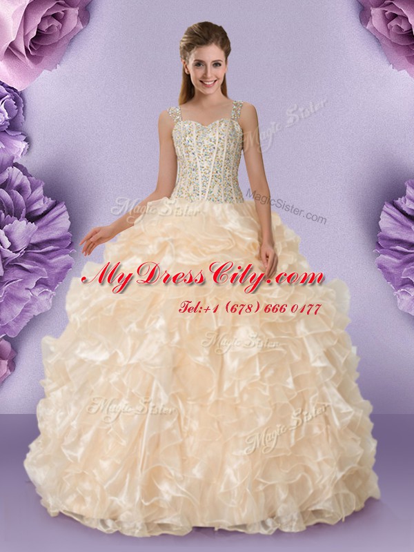 Straps Champagne Sleeveless Floor Length Beading and Ruffles Zipper Vestidos de Quinceanera