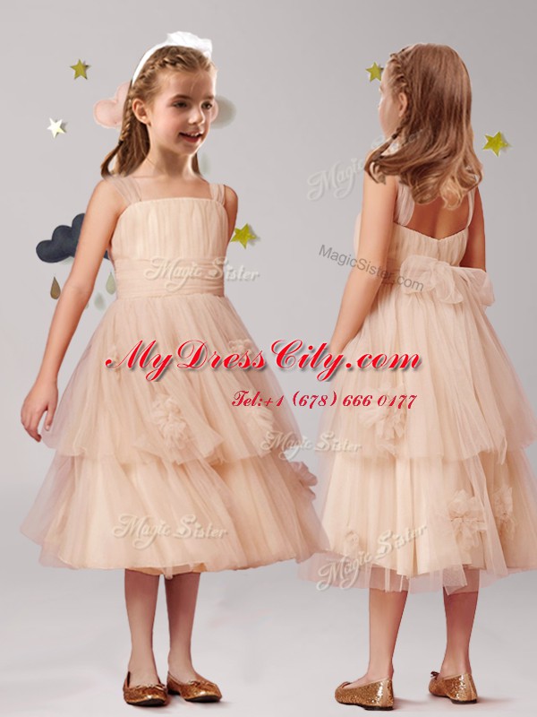 Fantastic Champagne A-line Tulle Straps Sleeveless Appliques and Ruffles and Bowknot Tea Length Zipper Flower Girl Dresses