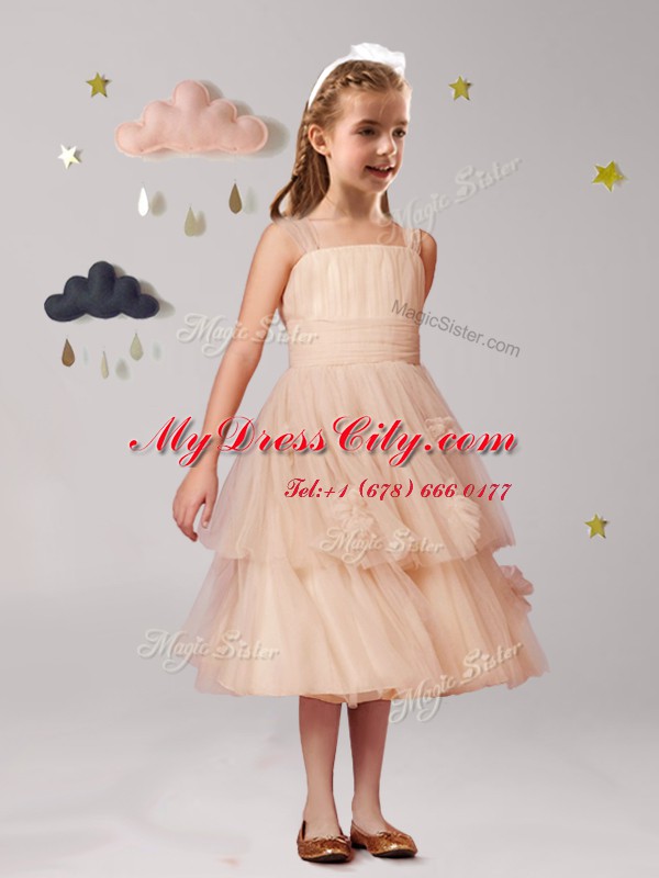 Fantastic Champagne A-line Tulle Straps Sleeveless Appliques and Ruffles and Bowknot Tea Length Zipper Flower Girl Dresses