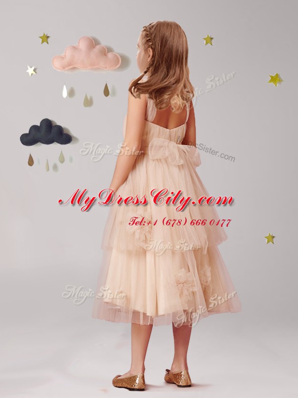 Fantastic Champagne A-line Tulle Straps Sleeveless Appliques and Ruffles and Bowknot Tea Length Zipper Flower Girl Dresses