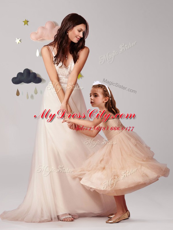 Fantastic Champagne A-line Tulle Straps Sleeveless Appliques and Ruffles and Bowknot Tea Length Zipper Flower Girl Dresses