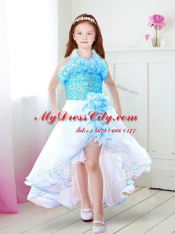 Halter Top Sleeveless High Low Ruffles Zipper Flower Girl Dresses with White and Aqua Blue