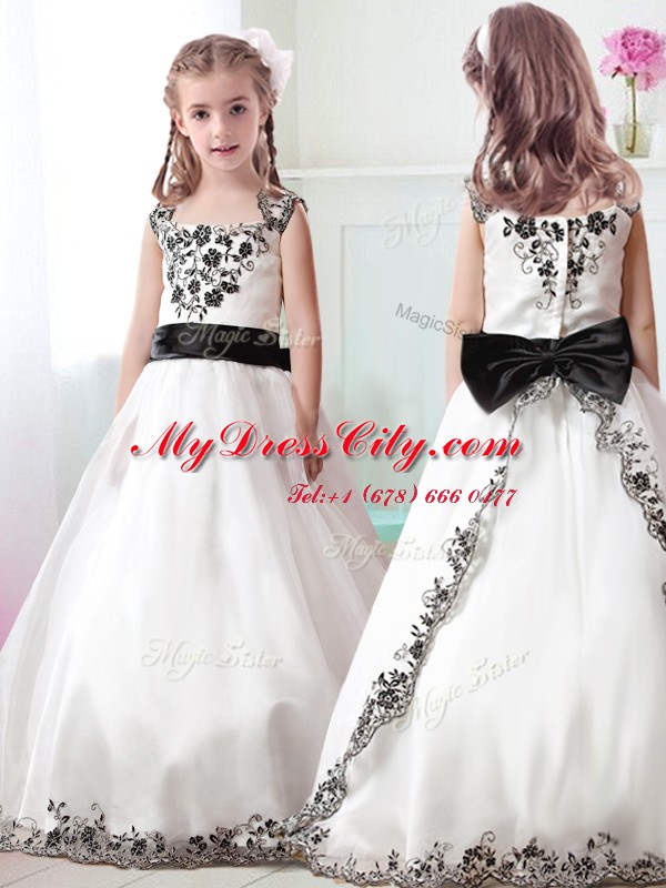 High End A-line Flower Girl Dress White Straps Tulle Sleeveless Floor Length Zipper