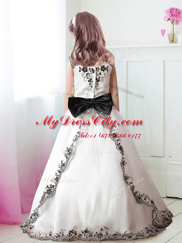 High End A-line Flower Girl Dress White Straps Tulle Sleeveless Floor Length Zipper