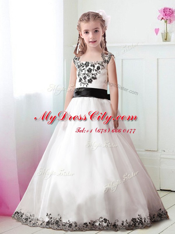 High End A-line Flower Girl Dress White Straps Tulle Sleeveless Floor Length Zipper