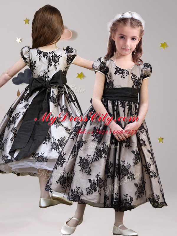 Scoop Lace Black Zipper Flower Girl Dresses Sashes ribbons Short Sleeves Tea Length