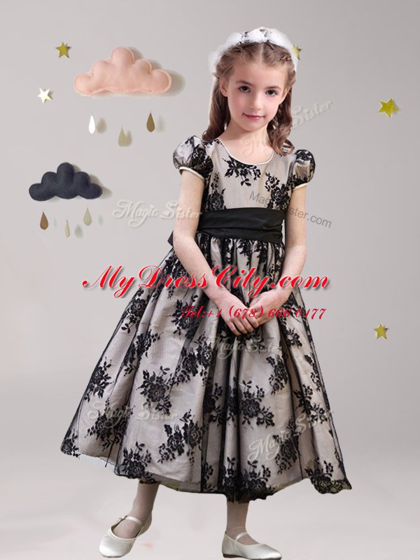 Scoop Lace Black Zipper Flower Girl Dresses Sashes ribbons Short Sleeves Tea Length