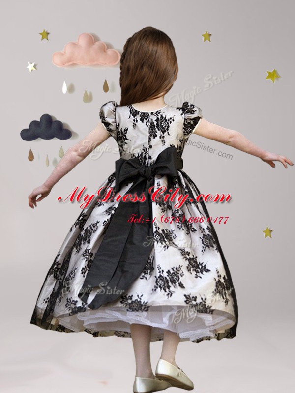 Scoop Lace Black Zipper Flower Girl Dresses Sashes ribbons Short Sleeves Tea Length