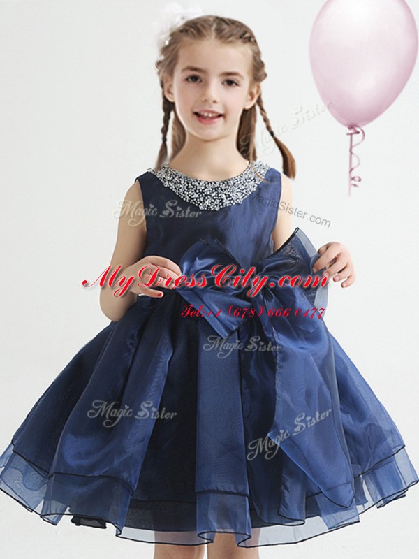 Scoop White and Navy Blue A-line Beading and Bowknot Flower Girl Dresses for Less Zipper Organza Sleeveless Knee Length