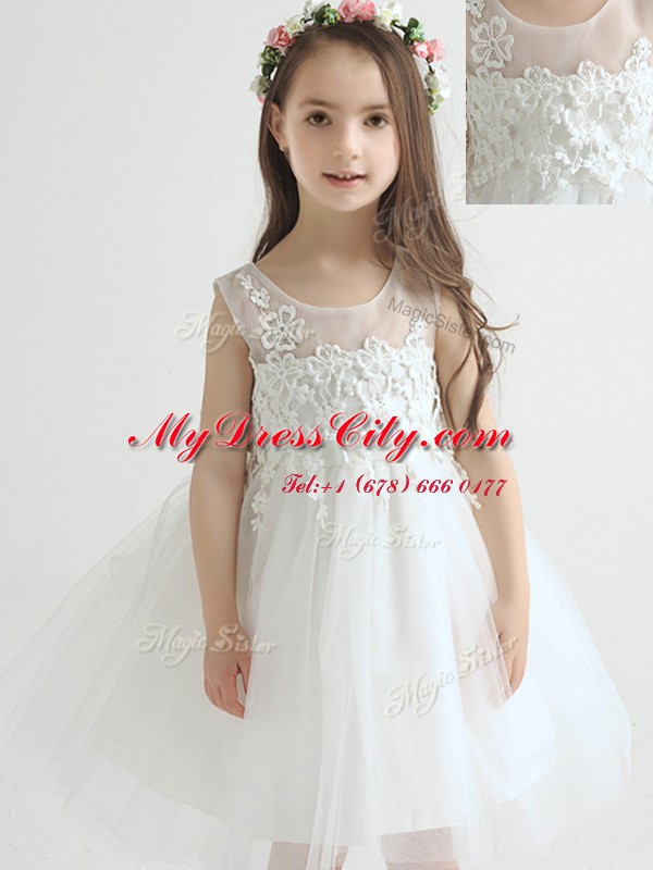 Luxurious Scoop White A-line Appliques and Bowknot Toddler Flower Girl Dress Zipper Tulle Sleeveless Knee Length