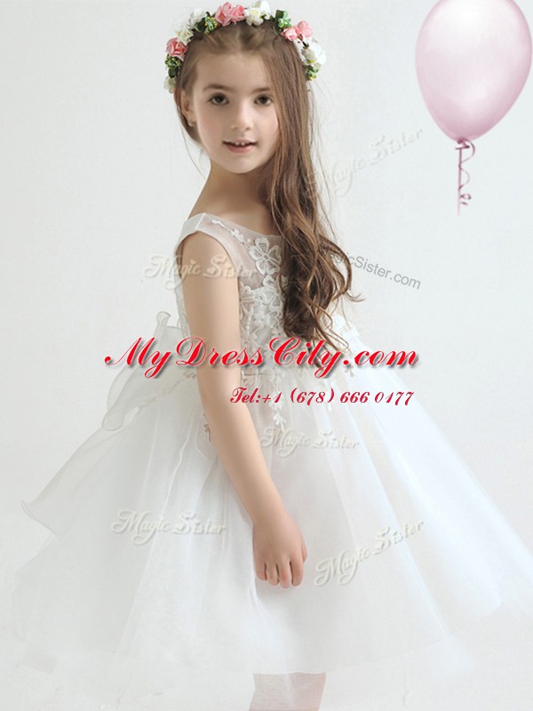 Luxurious Scoop White A-line Appliques and Bowknot Toddler Flower Girl Dress Zipper Tulle Sleeveless Knee Length