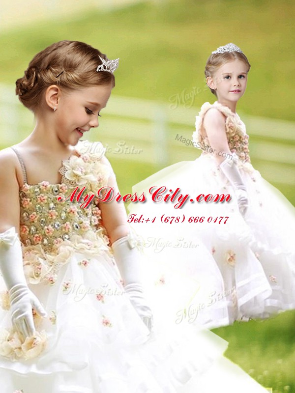 Extravagant Ruffled White Sleeveless Organza Brush Train Zipper Toddler Flower Girl Dress for Party and Quinceanera and Wedding Party